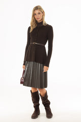 Brown Pintuck Vegan Leather Midi Skirt