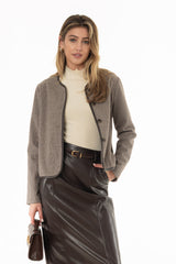 Brown Plaid Faux Leather Trim Jacket