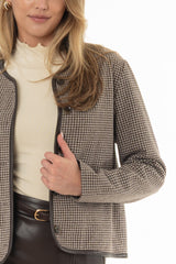Brown Plaid Faux Leather Trim Jacket