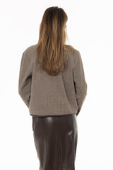 Brown Plaid Faux Leather Trim Jacket