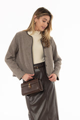 Brown Plaid Faux Leather Trim Jacket