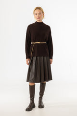 Brown Pleated Vegan Leather Skirt