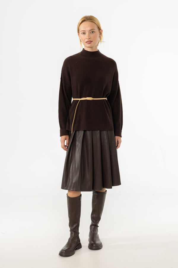 Brown Pleated Vegan Leather Skirt