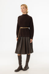 Brown Pleated Vegan Leather Skirt