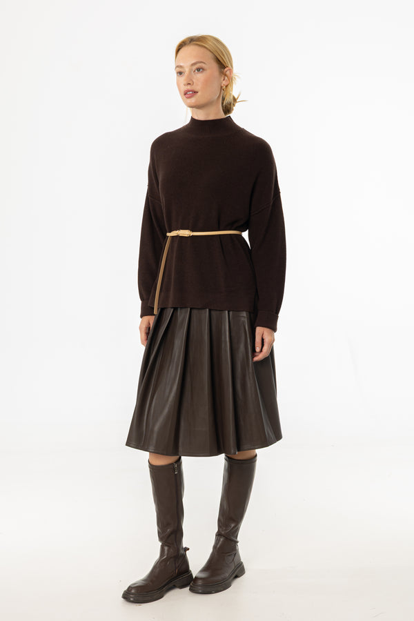 Brown Pleated Vegan Leather Skirt