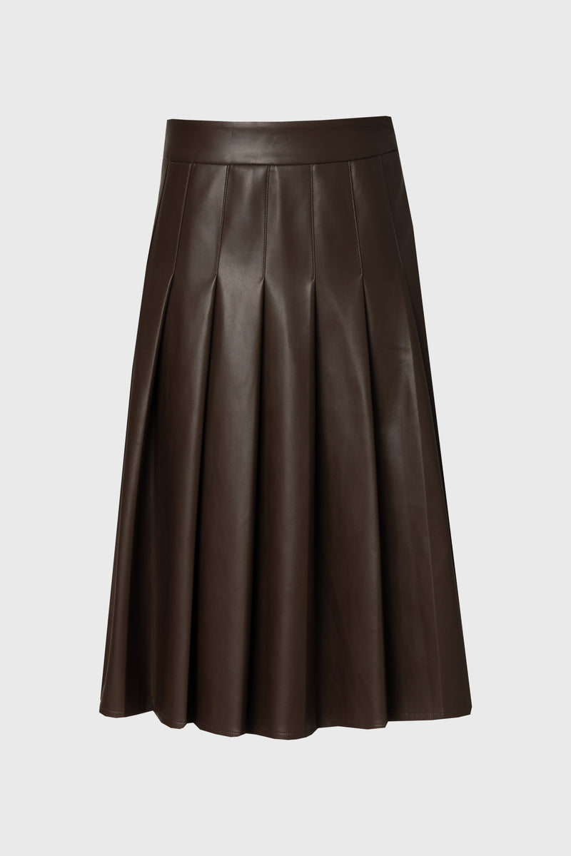 Brown Pleated Vegan Leather Skirt