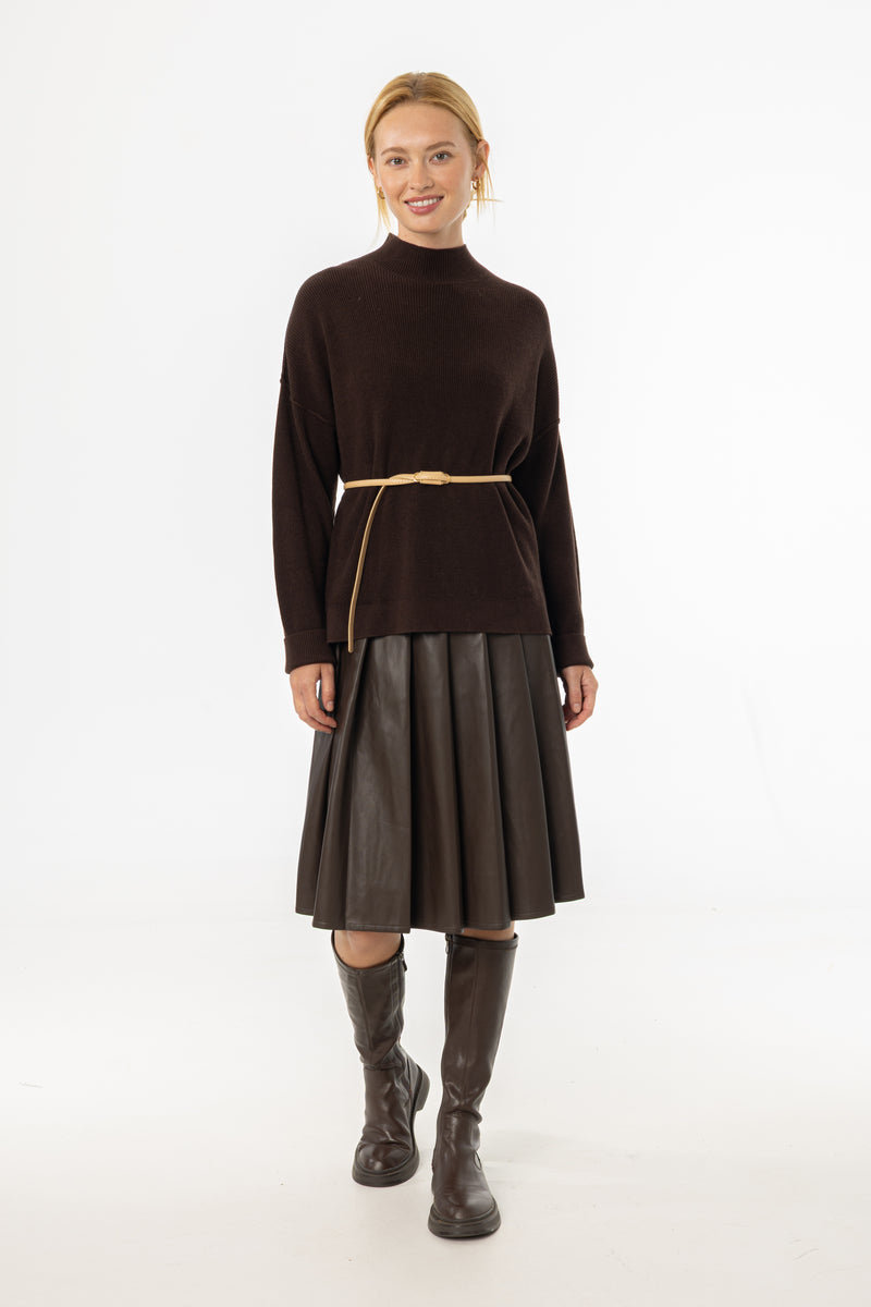 Brown Pleated Vegan Leather Skirt