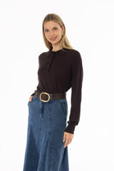 Brown Polo Thin Knit Sweater