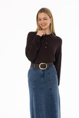 Brown Polo Thin Knit Sweater