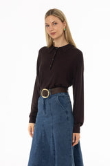 Brown Polo Thin Knit Sweater