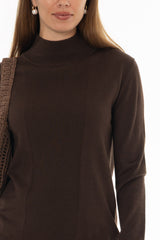 Brown Ribbed Combo Turtleneck Sweater