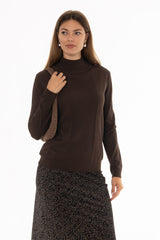 Brown Ribbed Combo Turtleneck Sweater