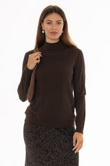 Brown Ribbed Combo Turtleneck Sweater
