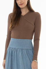 Brown Ribbed Faux Wrap T-Shirt