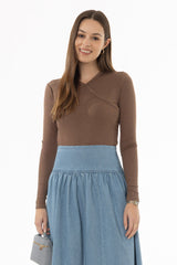Brown Ribbed Faux Wrap T-Shirt