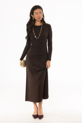 Brown Ribbed Knit Maxi Dress