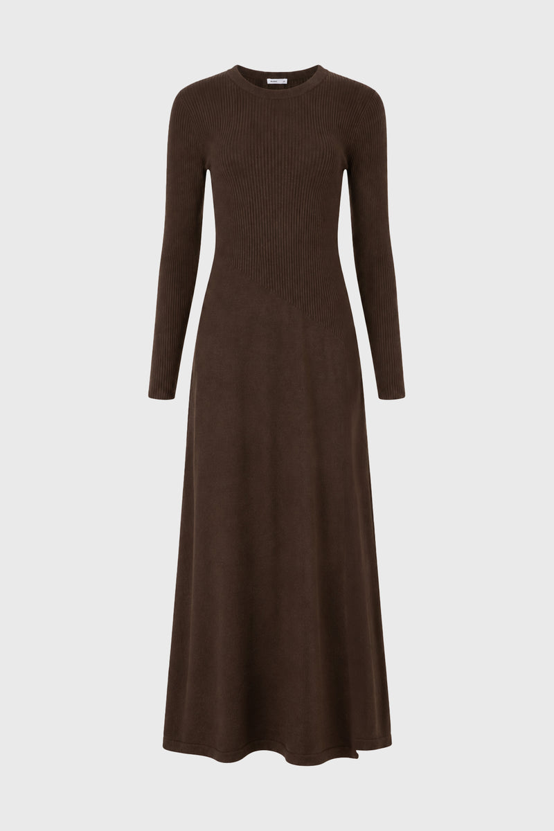 Brown Ribbed Knit Maxi Dress