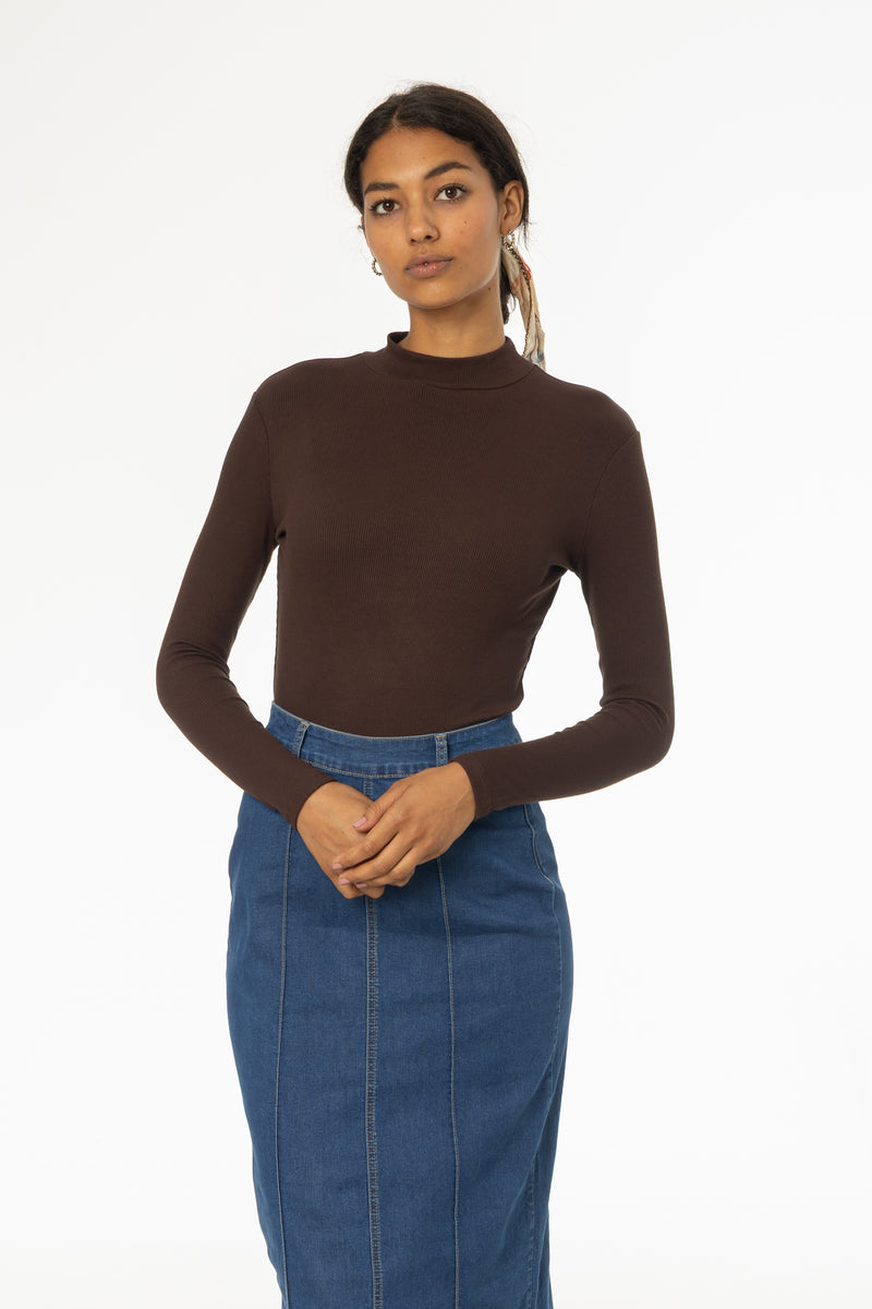 Brown Ribbed Mock Neck Top