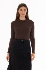 Brown Ribbed Mock Neck Top