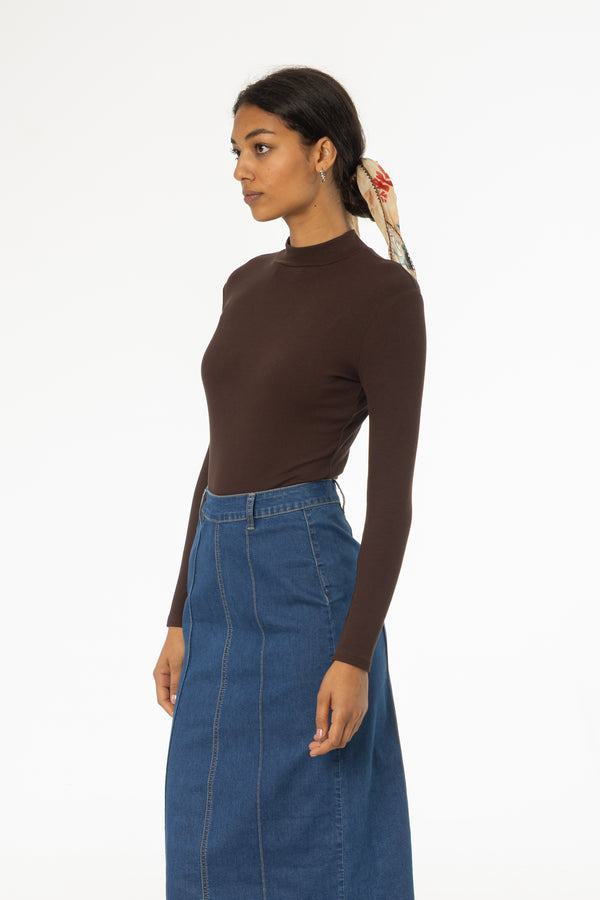Brown Ribbed Mock Neck Top