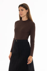 Brown Ribbed Mock Neck Top