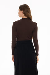 Brown Ribbed Mock Neck Top