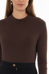Brown Ribbed Mock Neck Top
