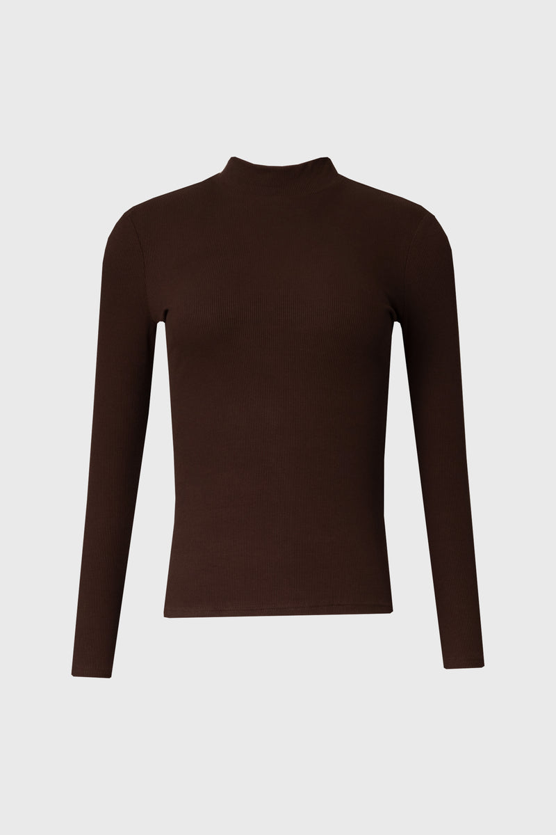 Brown Ribbed Mock Neck Top