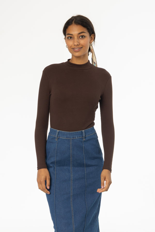Brown Ribbed Mock Neck Top