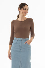Brown Ribbed Round Neck 3/4 Sleeve T-Shirt