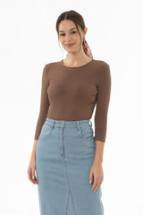 Brown Ribbed Round Neck 3/4 Sleeve T-Shirt