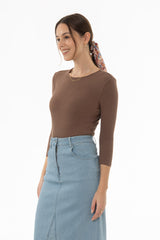 Brown Ribbed Round Neck 3/4 Sleeve T-Shirt