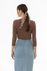 Brown Ribbed Round Neck 3/4 Sleeve T-Shirt