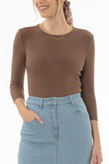 Brown Ribbed Round Neck 3/4 Sleeve T-Shirt