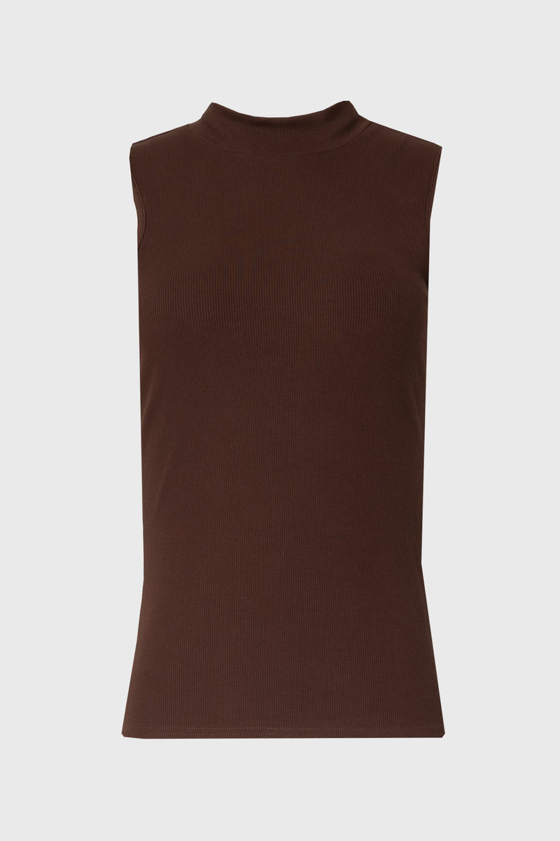 Brown Ribbed Sleeveless Mock Neck Top