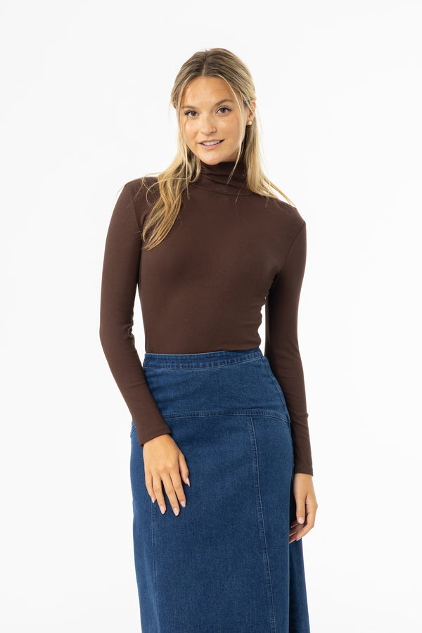 Brown Ribbed Turtleneck Top