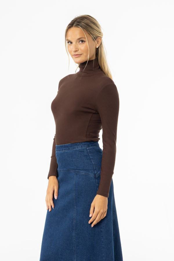 Brown Ribbed Turtleneck Top