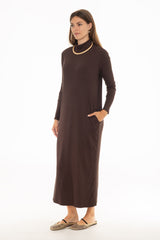Brown Ribbed Turtleneck Basic Maxi