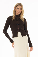 Brown Ribbon Trim Knit Cardigan