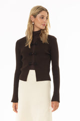 Brown Ribbon Trim Knit Cardigan
