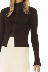 Brown Ribbon Trim Knit Cardigan
