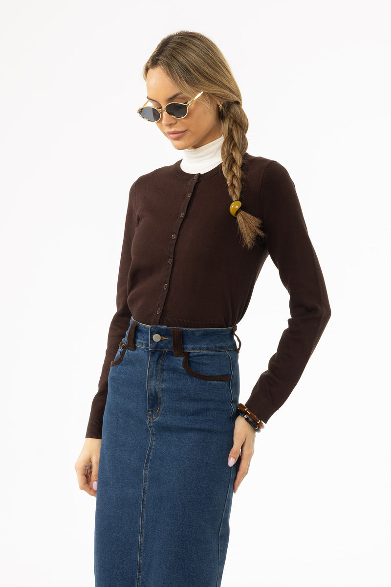 Brown Round Neck Knit Cardigan