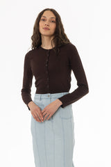 Brown Round Neck Knit Cardigan