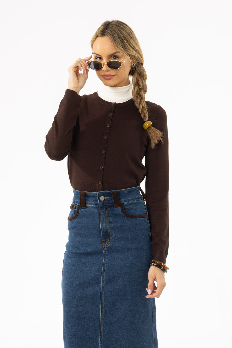 Brown Round Neck Knit Cardigan