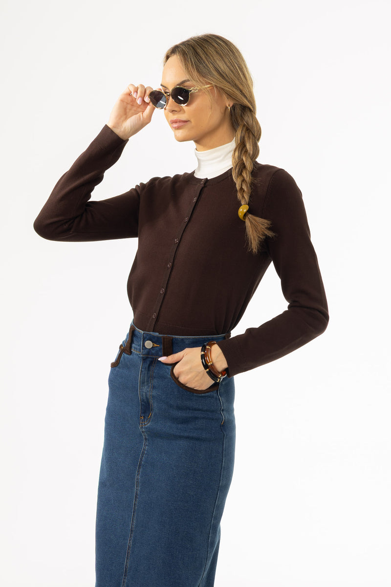 Brown Round Neck Knit Cardigan