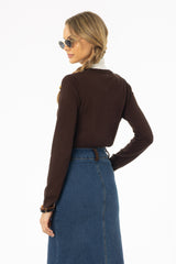 Brown Round Neck Knit Cardigan