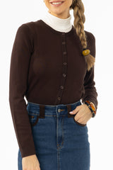 Brown Round Neck Knit Cardigan