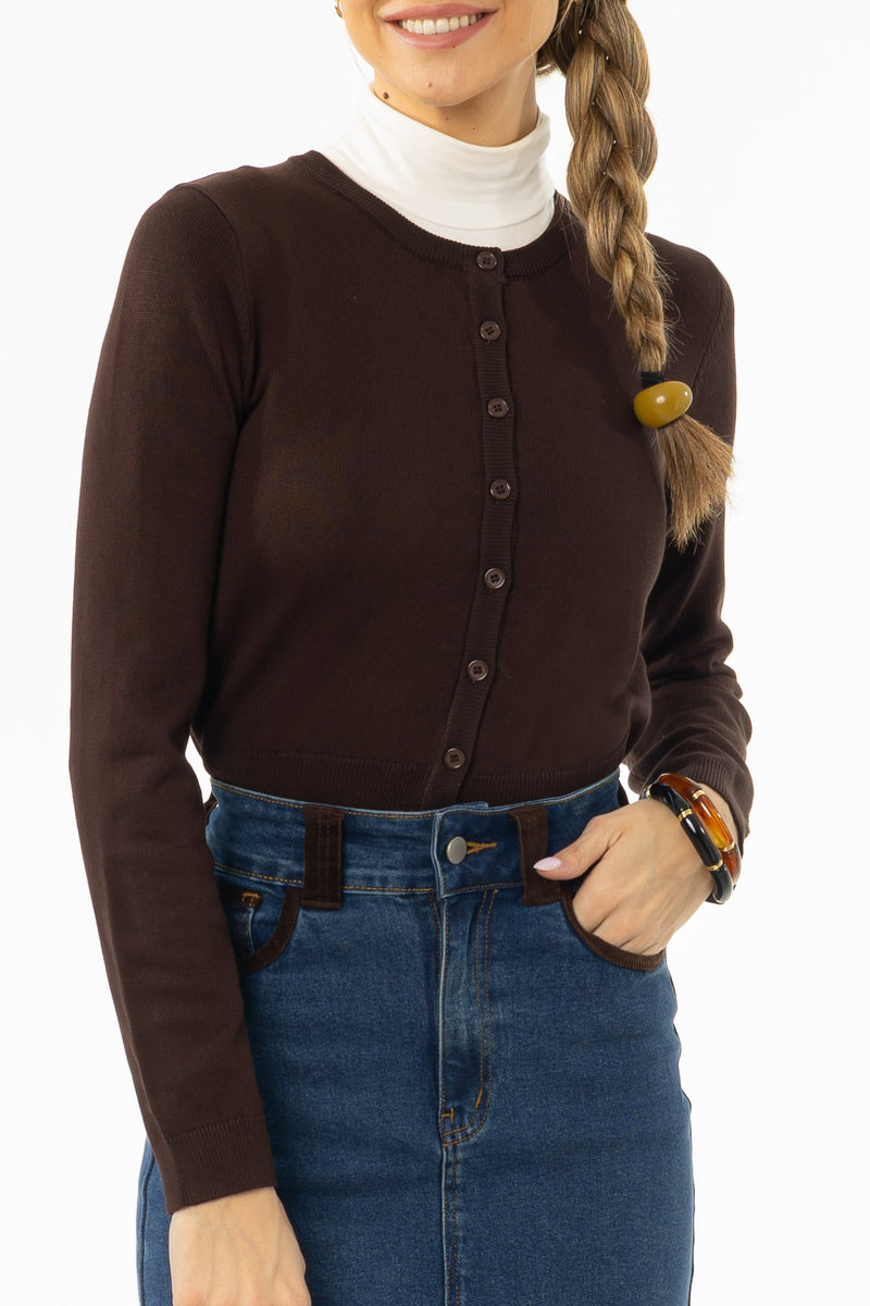 Brown Round Neck Knit Cardigan