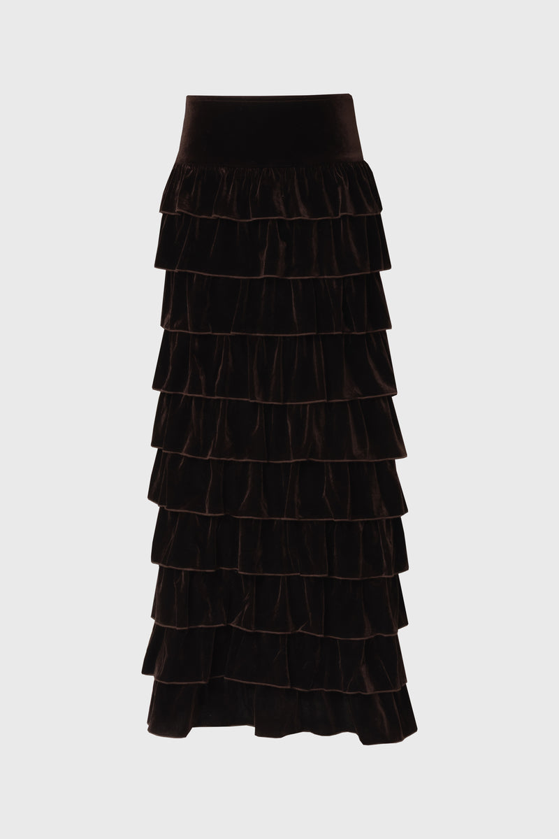 Brown Ruffle Velour Maxi Skirt