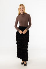 Brown Ruffle Velour Maxi Skirt